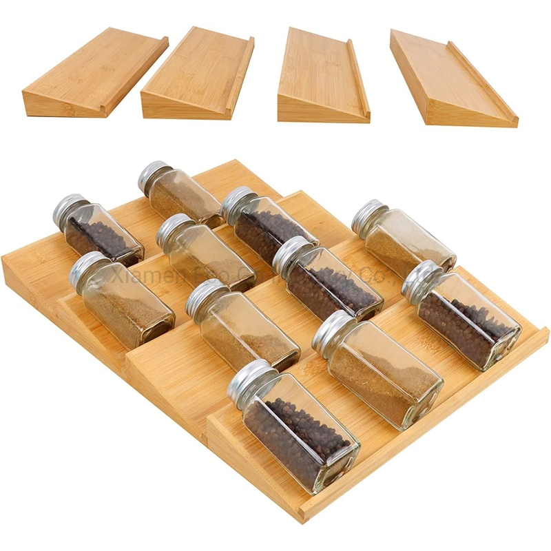 Bamboo Spice Rack Tray, Spice Drawer Organizer Insert for Kitchen, Spice Rack Tray 4 Tiers for Kitchen Cabinets Storage