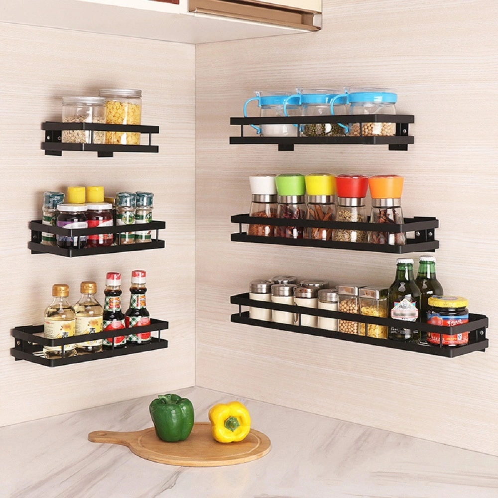 Kitchen Wall Shelf Storage Organizer Shelf Spice Rack Punch Free Storage Rack Silver Guardrail Bl17394