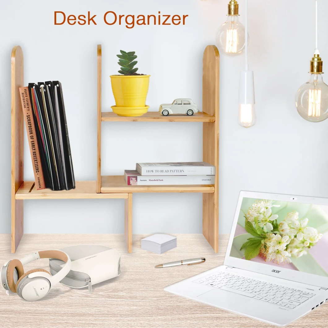 Bamboo Desk Organizer Adjustable Desktop Bookshelf Rack Countertop Storage Organizer for Office Kitchen Spice Books